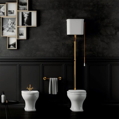 Azzurra Charme Унитаз напольный 52x40 см с высоким бачком, трубой и механизмом золото, 3L Water Saving, слив универсальный, сиденье микролифт цвет фурнитуры золото, с креплением VFV, цвет: Bianco lucido