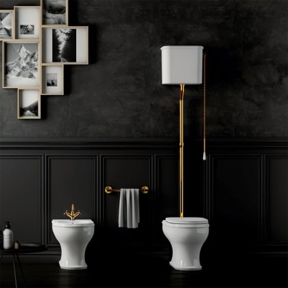 Azzurra Charme Унитаз напольный 52x40 см с высоким бачком, трубой и механизмом золото, 3L Water Saving, слив универсальный, сиденье микролифт цвет фурнитуры золото, с креплением VFV, цвет: Bianco lucido