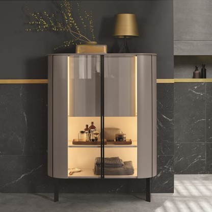 Burgbad Lavo 2.0 Шкаф напольный 101х41х136.5см., 2 стеклянных двери, 1 полка, 1 внутр ящик, подсветка, ручки и ножки черные, цвет: Basaltgrau Mat