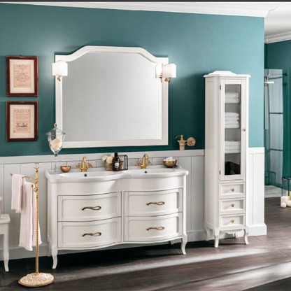 EBAN Rachele Комплект мебели: база под раковину с доводчиками Blum, с двойной раковиной, ручки золото, 140 см, напольный, Цвет: BIANCO PERLATO