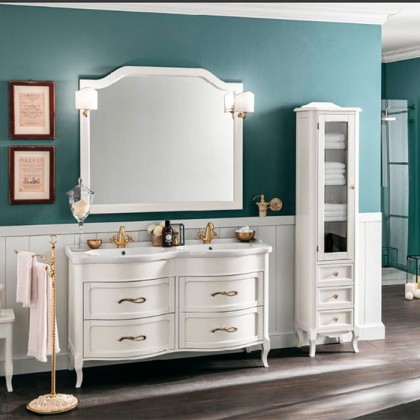 EBAN Rachele Комплект мебели: база под раковину с доводчиками Blum, с двойной раковиной, ручки золото, 140 см, напольный, Цвет: BIANCO PERLATO