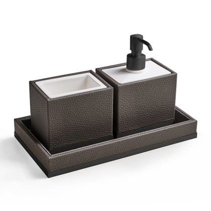 3SC Milano Комплект: стакан, дозатор, лоток, цвет: коричневая эко-кожа/черный матовый