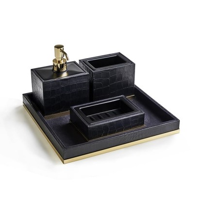 3SC Cocco Комплект: стакан, дозатор, мыльница, лоток, отделка: черная кожа, цвет: золото 24к. Lucido