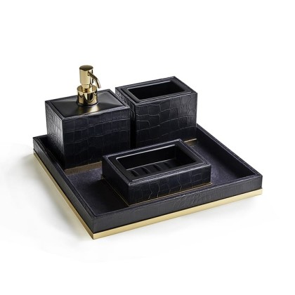 3SC Cocco Комплект: стакан, дозатор, мыльница, лоток, отделка: черная кожа, цвет: золото 24к. Lucido