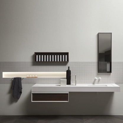 Antonio Lupi Bemade Комплект подвесной мебели с тумбой под раковину, раковиной Graffio, зеркалом Tratteggio, повдесным шкафом, 72 см, цвет: белый матовый