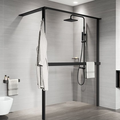 Novellini Kuadra HWS Душевое ограждение 137-140х200cм., с свободным входом, Dx, с полотенцедержателем, стекло прозрачное, цвет: черный матовый