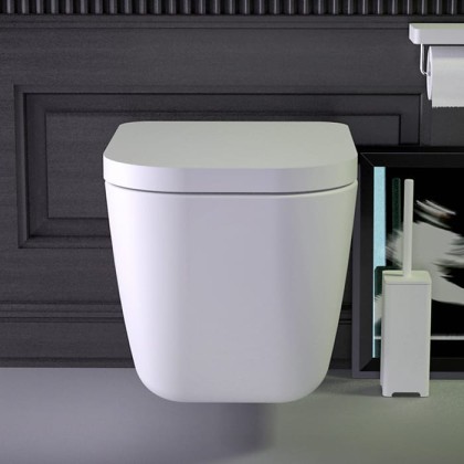 KNIEF Glam Унитаз подвесной безободковый 58х39х37 см, с сиденьем микролифт петли хром, цвет: белый матовый