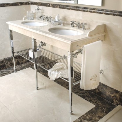 3SC Consolle Консоль Regale Double 163х60хh77см, напольная, с 2 раковинами, сифонами, полочкой и полотенцедердателями, цвет: хром