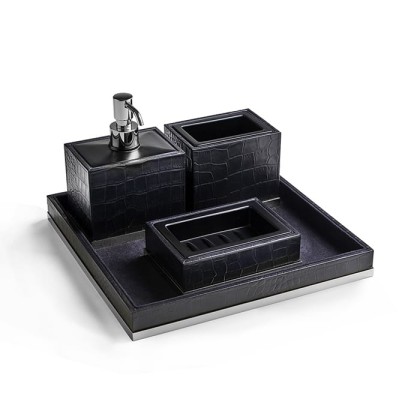 3SC Cocco Комплект: стакан, дозатор, мыльница, лоток, отделка: черная кожа, цвет: хром