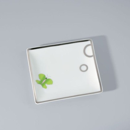THG CAPUCINE VERT DECOR PLATINE Поднос керамический 122х110 мм., настольный, small size, декор платина/зеленый, цвет: белый