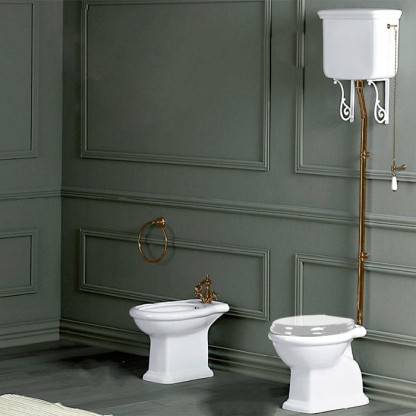 SIMAS Lante Унитаз напольный, выпуск в стену, 38,5х58см, с высоким бачком, с фурнитурой, цвет: белый/бронза