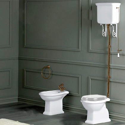 SIMAS Lante Унитаз напольный, выпуск в стену, 38,5х58см, с высоким бачком, с фурнитурой, цвет: белый/бронза