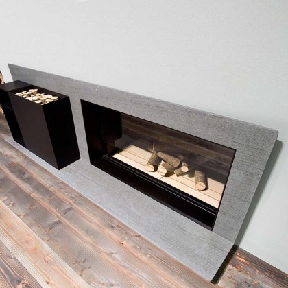 Antonio Lupi Piano Fuoco Камин дровяной 212.4/75.8х32х69.2cм., встраиваемый в стену, дверца выдвижная из керамического стекла, рама из камня Basalto