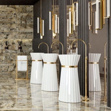 Oasis Pliss? Раковина 44x95 см, без отв., с донным клапаном и сифоном, цвет: золото/белый