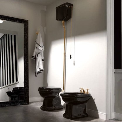 Kerasan Retro Унитаз 72х38.5см., с высоким бачком, слив в стену, цвет: черный глянцевый/золото