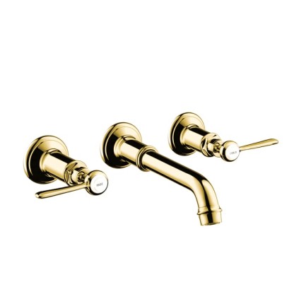 Axor Montreux Смеситель для раковины, настенный, на 3 отв., излив 165-225мм, с незапираемым сливным набором (рычажные рук.), цвет: полированное золото