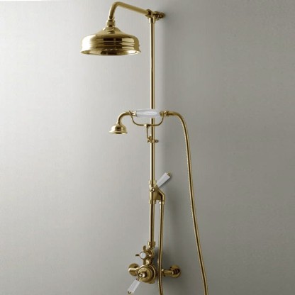 Devon&Devon Душевая стойка, с термостатическим смесителем, верхним душем 20см., и ручным душем, цвет: белый/светлое золото