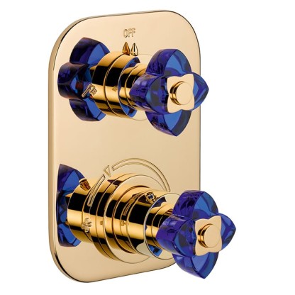 THG P?tale de cristal bleu Смеситель для душа, термостатический, с переключателем на 2 потока, цвет: золото/синий хрусталь