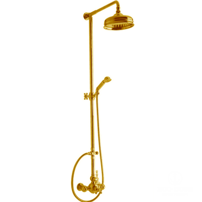 CISAL Arcana America Душевой комплект: термостатический смеситель, стойка с верхним душем, лейка+шланг, цвет: золото