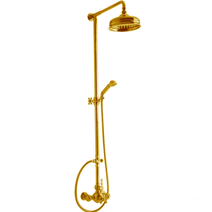 CISAL Arcana America Душевой комплект: термостатический смеситель, стойка с верхним душем, лейка+шланг, цвет: золото