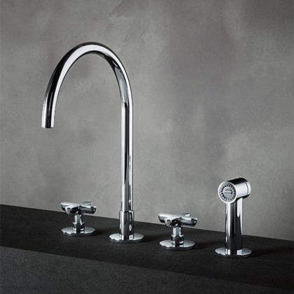 Fantini Icona Classic Смеситель для кухни, 4 отв, без донного клапана, излив 215мм, с ручн душем, цвет: хром