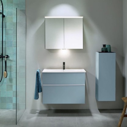 Burgbad Fiumo Комплект подвесной мебели 82х49х61см, с раковиной на 1 отв., ручки белые матовые, цвет: Eisblau Softmatt