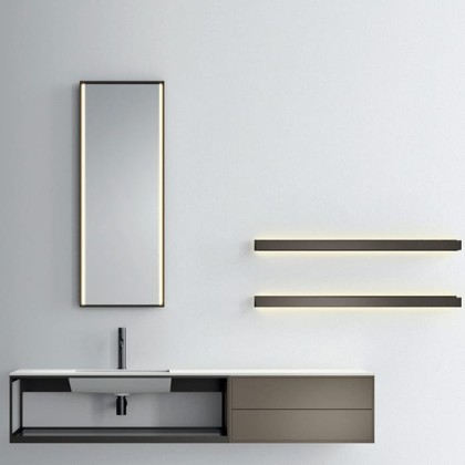 NOORTH milldue edition FJORD Комплект мебели 181.2см в матовом лаке, металле, стекле, с интегрированной раковиной из milltek solid, 2-мя полками с подсветкой, зеркалом с подсветкой подвесной, Цвет: castoro-11/bazalto-338/fumo