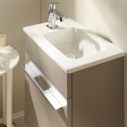 BurgBad Bel База подвесная с  умыв. из минер литья 42х27х49.5см, 1 дверка, правое испол.-раковина справа, отв слева, цвет: серый матовый