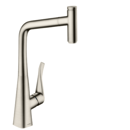 Hansgrohe Metris Select M71 Смеситель для кухни, на 1 отв, поворотный излив: 23.5см с вытяжным душем, 1jet, h: 33.3см, sBox, кнопка вкл/выкл, цвет: нержавейка