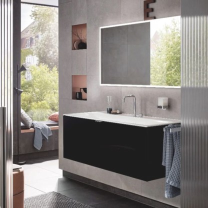 Emco Vanity units Тумба с раковиной, 120.8х52.1хh44см., с 1 отв., подвесная, 1 ящик со стекл фасадом, ручка хром, корпус лак, цвет: черный