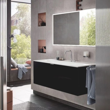 Emco Vanity units Тумба с раковиной, 120.8х52.1хh44см., с 1 отв., подвесная, 1 ящик со стекл фасадом, ручка хром, корпус лак, цвет: черный