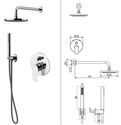 Gattoni H2Omix7000 Комплект для душа со смесителем встроенным на 2 выхода, ручным душем 6386/PD с держателем и верхним душем 250 мм, цвет: Nickel Spazzolato