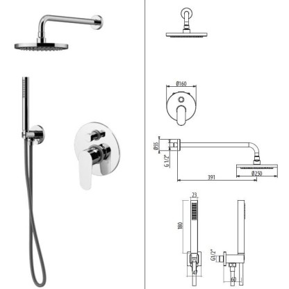 Gattoni H2Omix7000 Комплект для душа со смесителем встроенным на 2 выхода, ручным душем 6386/PD с держателем и верхним душем 250 мм, цвет: Nickel Spazzolato