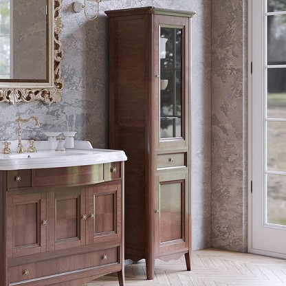 TW Veronica Nuovo колонна напольная с 2-мя дверцами, 1-м выдвижным ящиком, 3-мя стеклянными полками, доводчиками Blum, ручки бронза, DX - петли справа, Цвет: NOCE