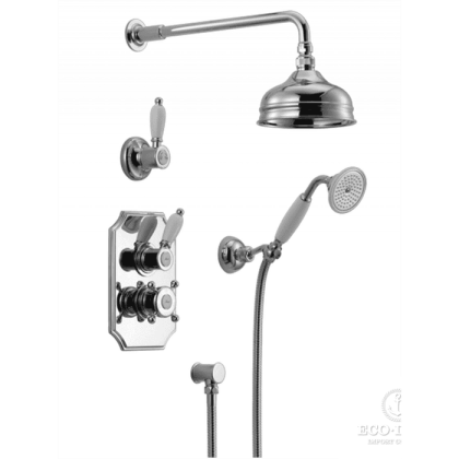 HUBER Victorian Комплект:термостатический смеситель c запорным вентилем,переключатель,верхний душ Easy Clean,ручной душ со шлангом на держателе,вывод, цвет: хром
