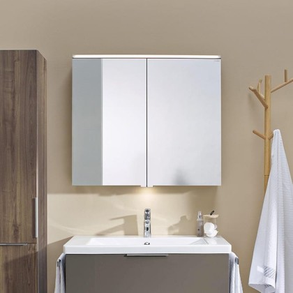 BURGBAD Eqio Зеркальный шкаф с LED подсветкой 5Вт IP24, 90х80х17см,2 зерк двери с обоих сторон, стекл полки, вкл/выкл, цвет: белыйF2009