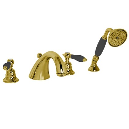Fima Carlo Frattini Herend Смеситель на борт ванны, на 4 отв., с ручным душем, черные ручки, цвет: золото