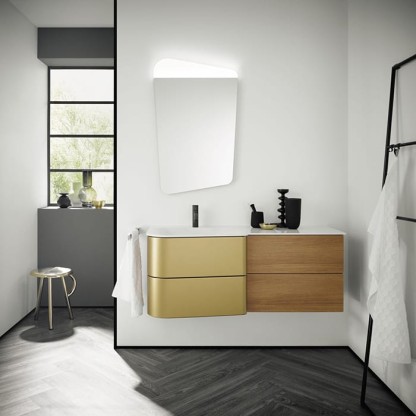 BurgBad Badu База подвесная с умыв. из минер литья 122х51х49.2см, с 1 отв под смеситель.  столешница,4 ящика, спец сифон, фасад T0015 золото, F3698 корица, умывальник слева, цвет: корица