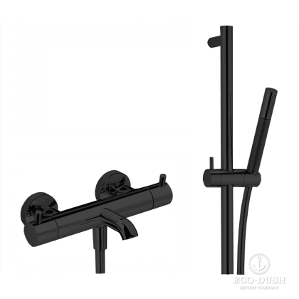 Cisal Less New Смеситель для ванны, настенный, термостатический, со штангой 60см, с ручным душем и шлангом 150см, цвет черный матовый