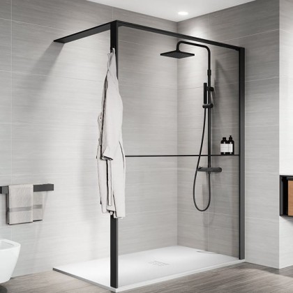 Novellini Kuadra HWS Душевое ограждение 137-140х200cм., с свободным входом, Dx, с полкой, стекло прозрачное, цвет: черный матовый