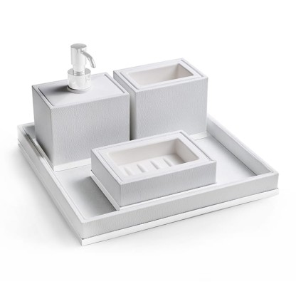 3SC Snowy Комплект: стакан, дозатор, мыльница, лоток, цвет: белая эко-кожа/белый матовый