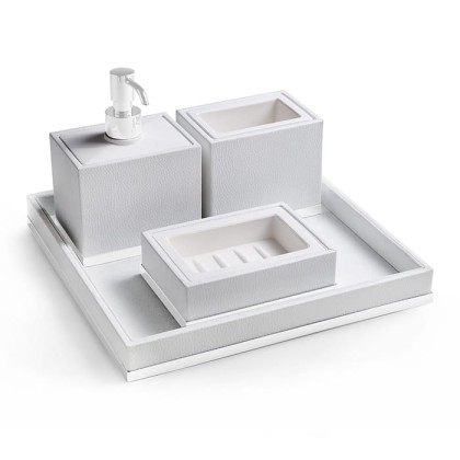 3SC Snowy Комплект: стакан, дозатор, мыльница, лоток, цвет: белая эко-кожа/белый матовый