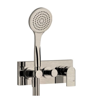 Gessi Emporio Via manzoni Смеситель для душа, встраиваемый, на 2 позиции с переключателем, с подводом воды и держателем лейки, душевой лейкой и шлангом, цвет: Finox Brushed Nickel