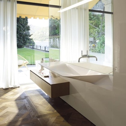 BURGBAD RC40 Композиция №1 332х70х220см, раковина глянц, тумба 3 ящика, пенал 2 двери, зерк с подсв, подвесная, цвет: Sand Hochglanz/Eiche Fineline Hellgrau