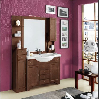 EBAN Eleonora Modular  Комплект мебели, с зеркалом со шкафчиком справа, колонна слева, с раковиной и светильником, 130см, напольный, Цвет: NOCE