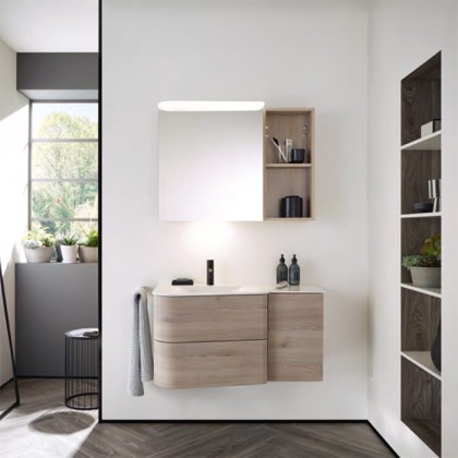 BurgBad Badu База подвесная с дв умыв. из мин литья 92х51х49.2см, (раковина слева) столешница, 2 ящика, 1 дверка, цвет: F3696 дуб фланелевый