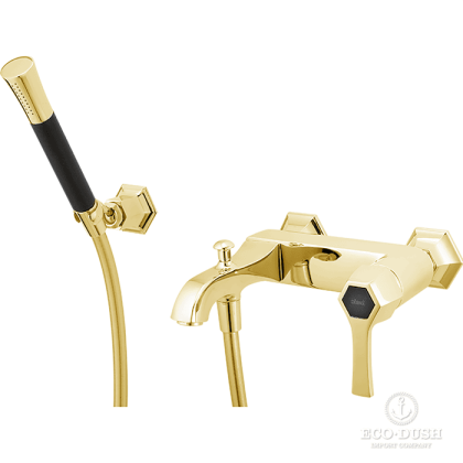 CISAL Cherie Смеситель настенный для ванны/душа с ручной лейкой,держателем и шлангом, цвет:  золото/черный матовый
