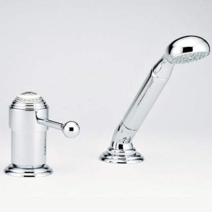 THG Marquise platinum decor Смеситель на борт ванны на 2 отв, однорычажный, без излива, с ручным душем, ручки белые, декор платина, цвет: хром