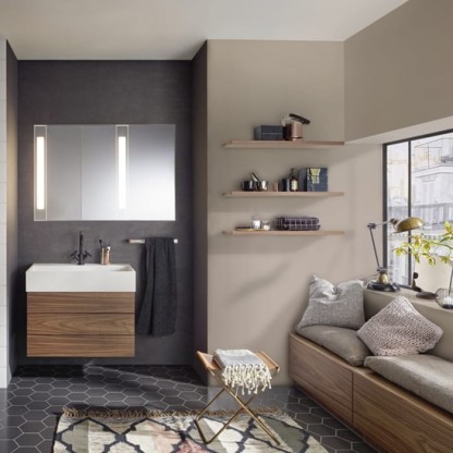 BURGBAD RC40 Комплект мебели, раковина 81.4см. белая, тумба с 2 ящиками, зеркальный шкаф с подсветкой, напольная тумба с 3 ящиками, подвесной, цвет: Bambus Natur