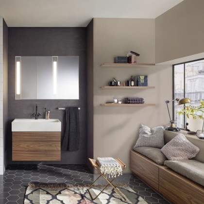 BURGBAD RC40 Комплект мебели, раковина 81.4см. белая, тумба с 2 ящиками, зеркальный шкаф с подсветкой, напольная тумба с 3 ящиками, подвесной, цвет: Bambus Natur